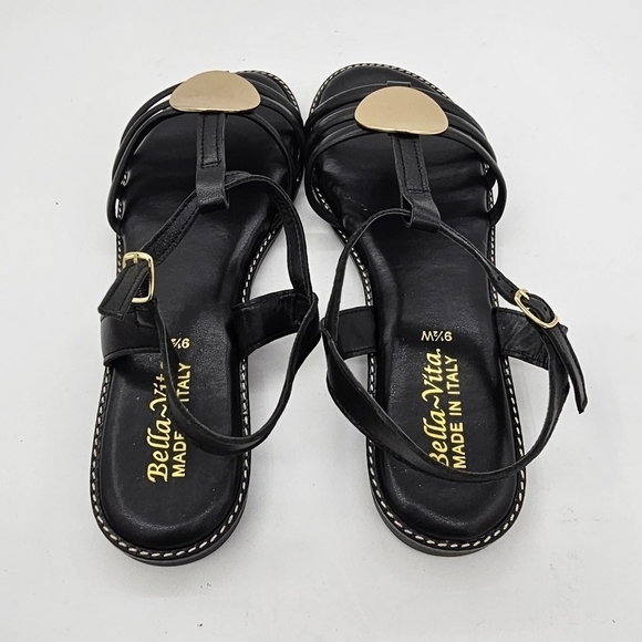 Bella Vita Womens Vue-Italy Flat Sandal Gold Ornament Slingback Black Size 9.5W - Picture 5 of 10